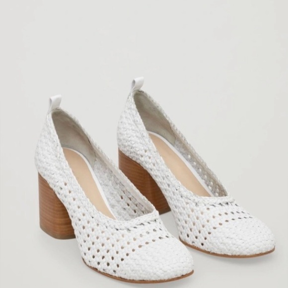 COS Shoes - COS Braided White Leather Shoes with Block Funky Heels Size 9